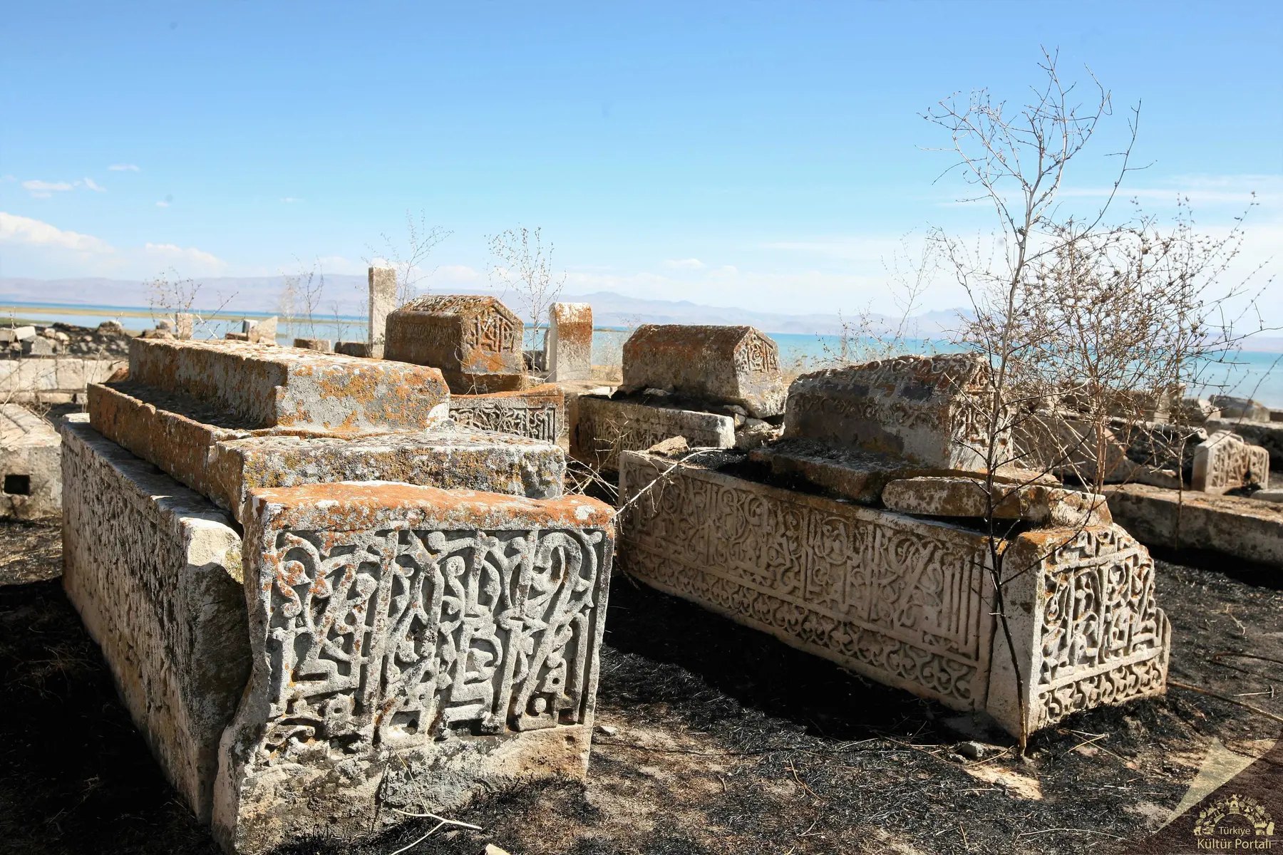 Çelebibağı Mezarlığı’nda yüzeyleri aşınmış ve likenlerle kaplı, oyma yazıtlı mezar taşları; arkada Van Gölü.