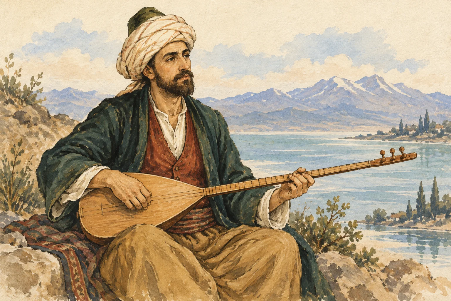Sazını tutan, sarıklı ve sakallı bir ozan olarak betimlenen Ercişli Emrah; arkada göl ve dağları çağrıştıran bir manzara.